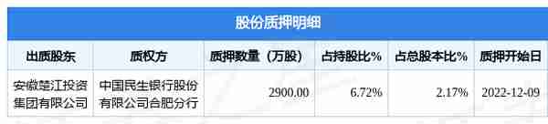 楚江新材（002171）股东安徽楚江投资集团有限公司质押2900万股，占总股本2.17%