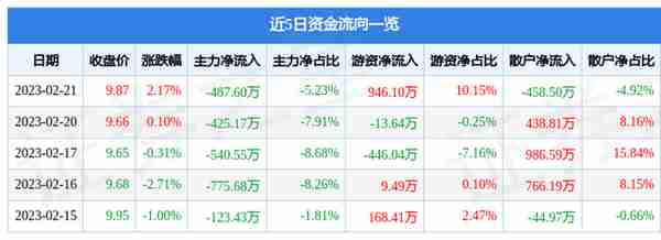 凯龙股份（002783）2月21日主力资金净卖出487.60万元