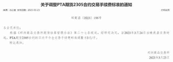 郑商所调整PTA期货2305合约交易手续费标准为3元/手